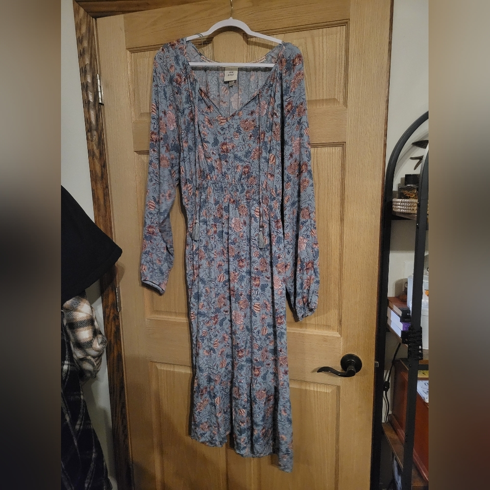 Knox Rose Long Sleeve Midi Womens Peasant Dress Size XXL Blue Floral